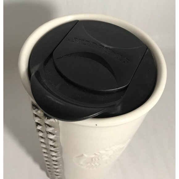 Starbucks Tumbler 2014 White Travel With Lid Silver Studded Ceramic Double Wall - Picture 7 of 12
